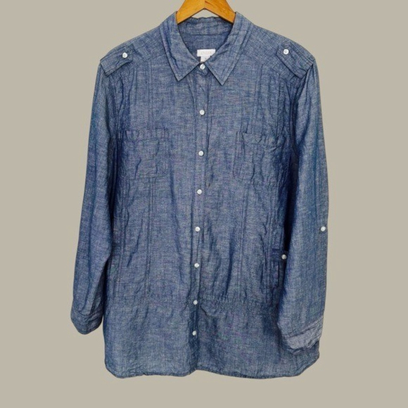 Chico's Chambray Linen Blend Shirt Tunic Size 16 Utility Style Coastal - Picture 1 of 13